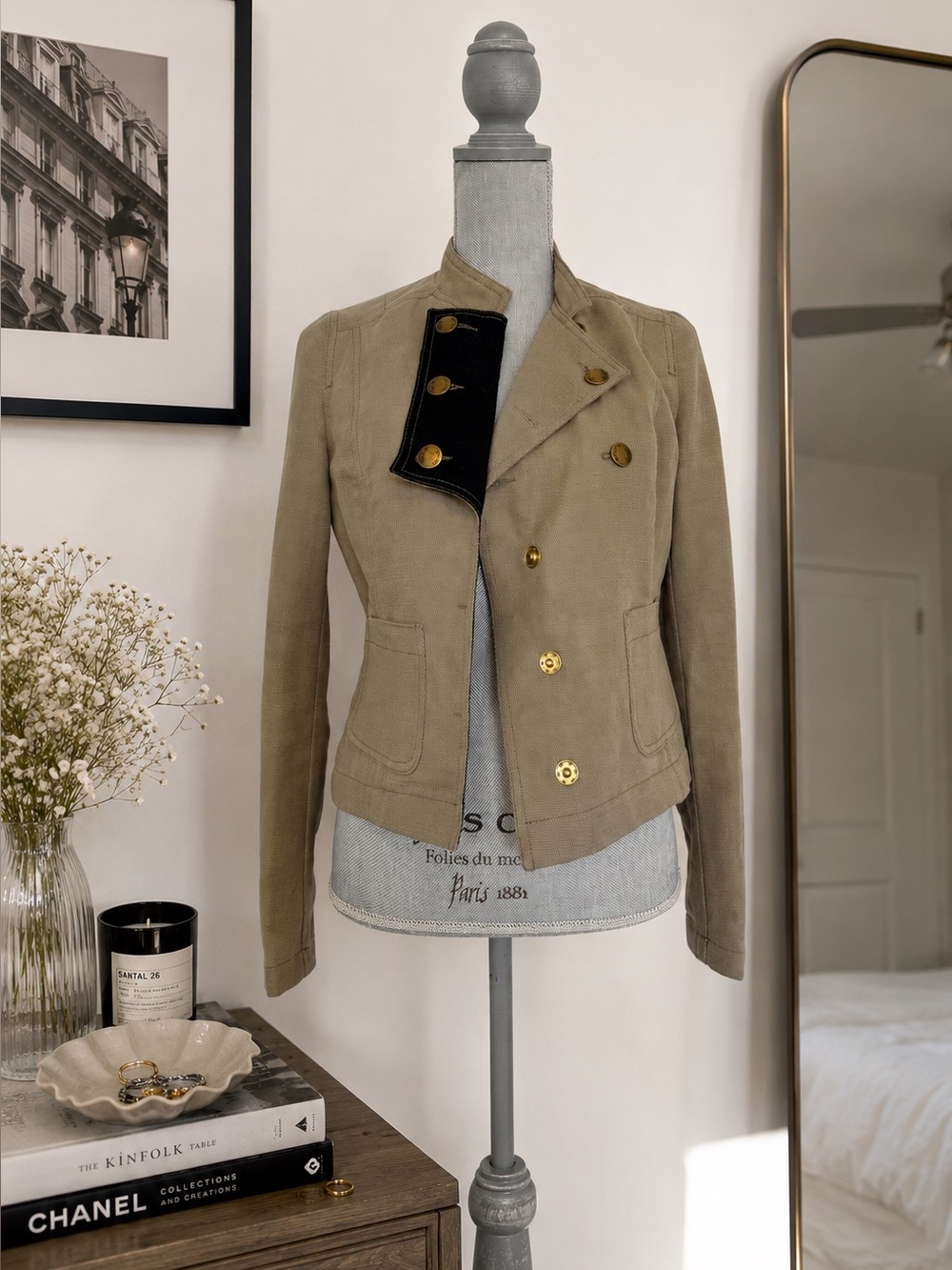 See By Chloe Khaki Pea Coat Military with Black Contrast Placket Size 6